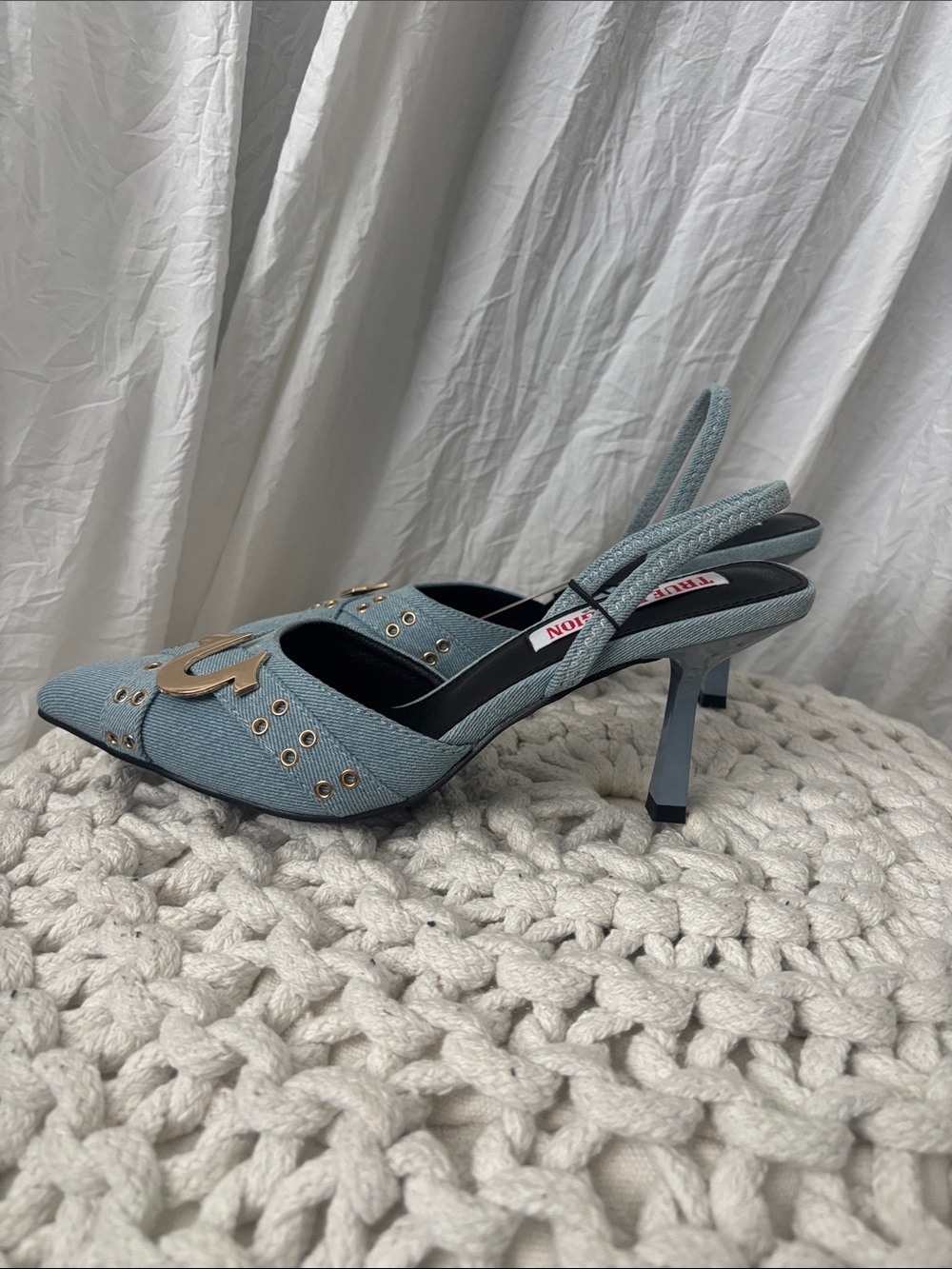 True Religion Light Blue Denim Pointed Slingback Mules with Gold Hardware - Picture 7 of 11